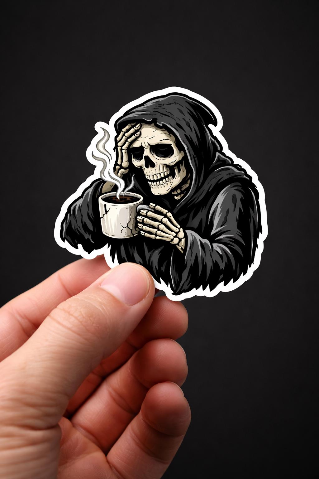 Coffee Sticker, Grim Reaper Coffee Break – Skeleton with Steaming Mug, Dark Humor Die-Cut