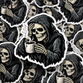 Coffee Sticker, Grim Reaper Coffee Break – Skeleton with Steaming Mug, Dark Humor Die-Cut