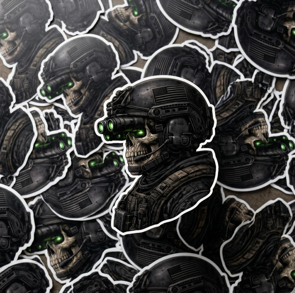 Skull Sticker, Tactical Soldier: Special Ops Helmet Decal, Military Vinyl Art (2.5" x 2.5")
