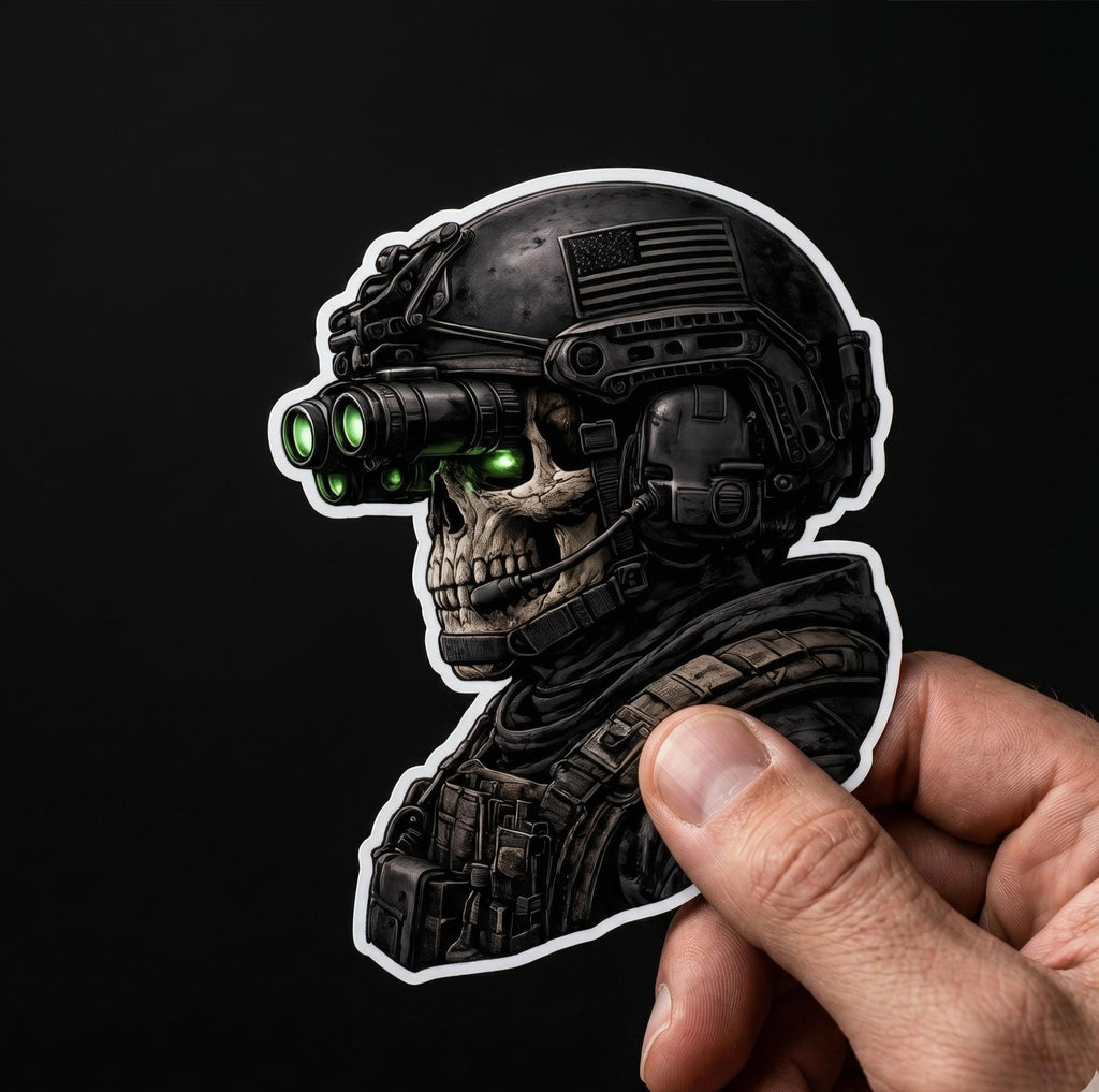 Skull Sticker, Tactical Soldier: Special Ops Helmet Decal, Military Vinyl Art (2.5" x 2.5")
