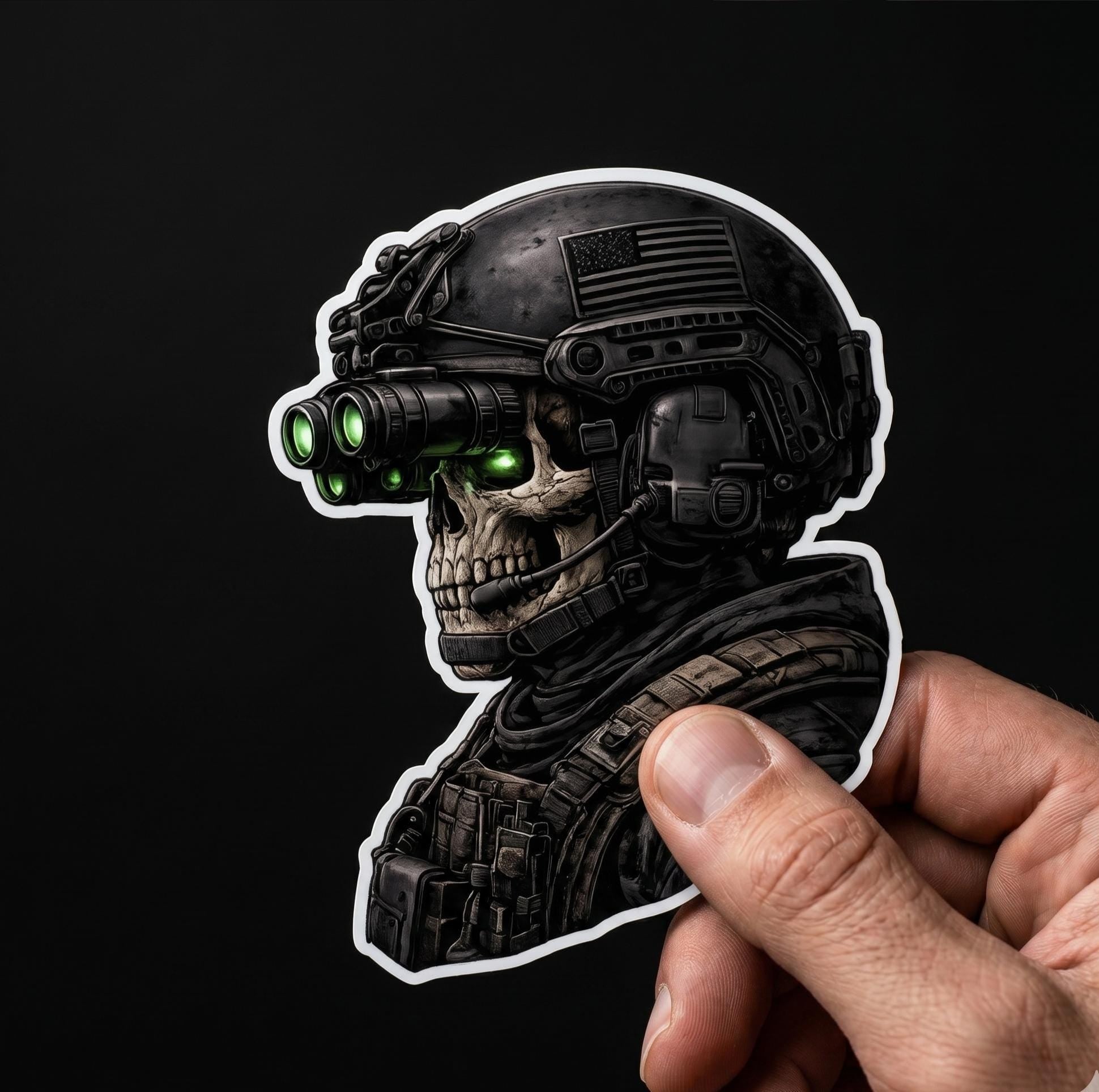 Skull Sticker, Tactical Soldier: Special Ops Helmet Decal, Military Vinyl Art (2.5" x 2.5")