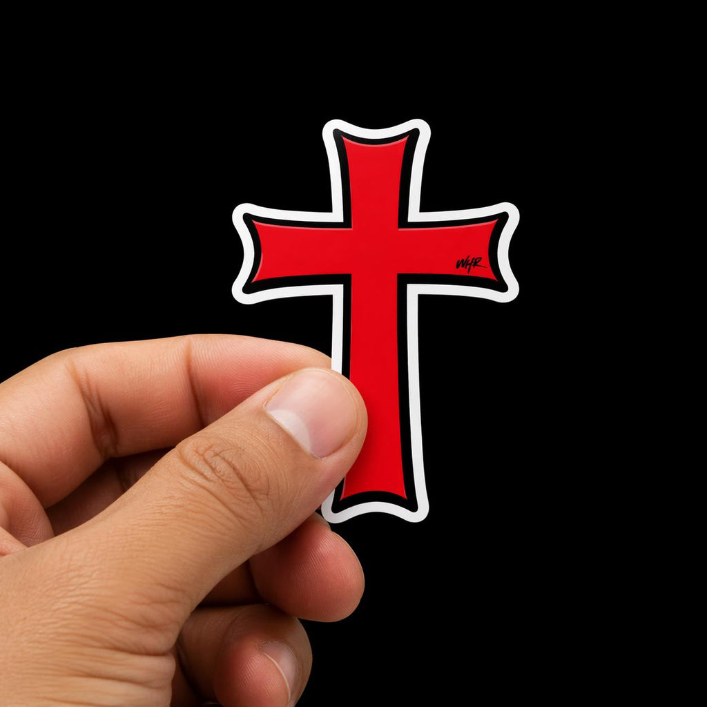 Red Crusader Cross Sticker, Waterproof Vinyl Faith Decal (Laptop, Car)