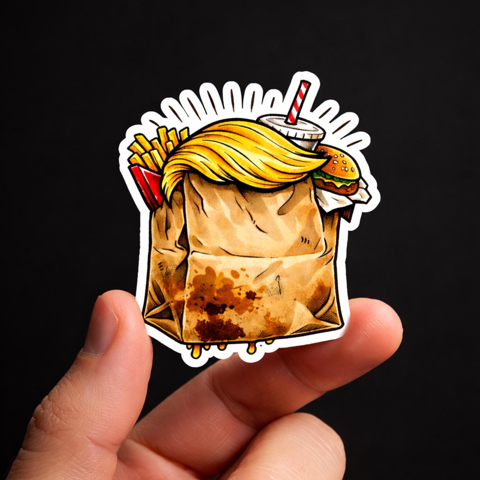Trump Burger Bag Parody Sticker, Political Humor Decal, Retro Takeout Vinyl Laptop Sticker