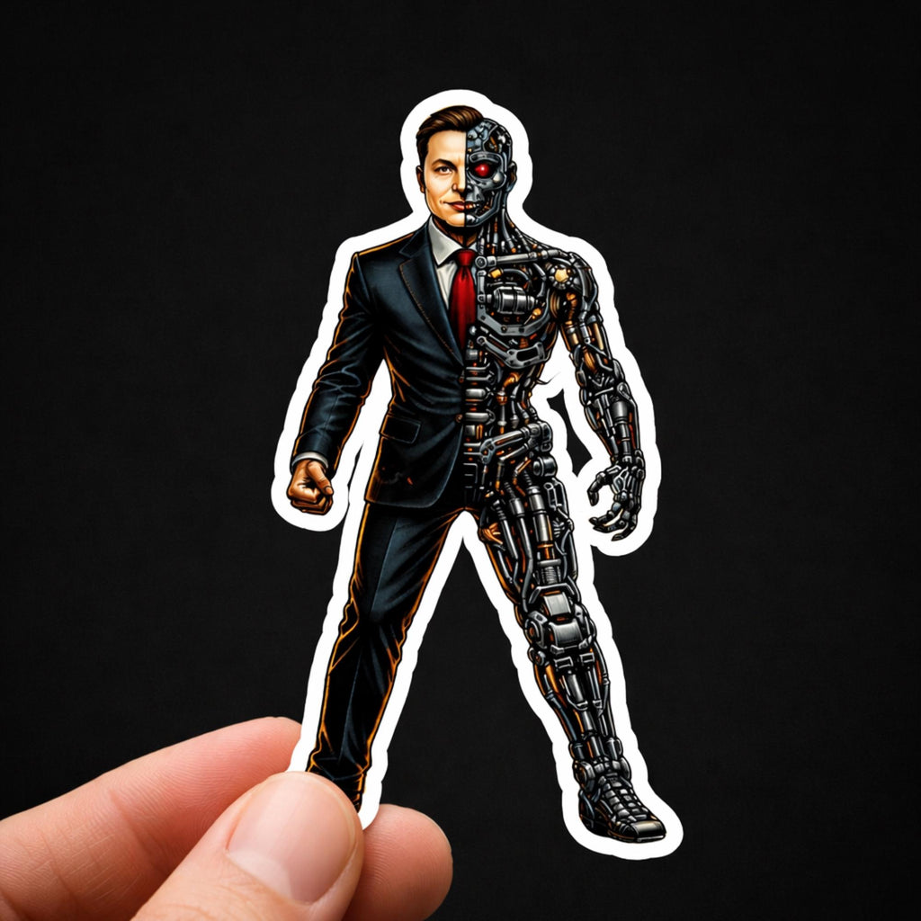 Cyborg Elon Musk Sticker, Futuristic Tech Parody Decal, Sci Fi Humor Laptop Vinyl