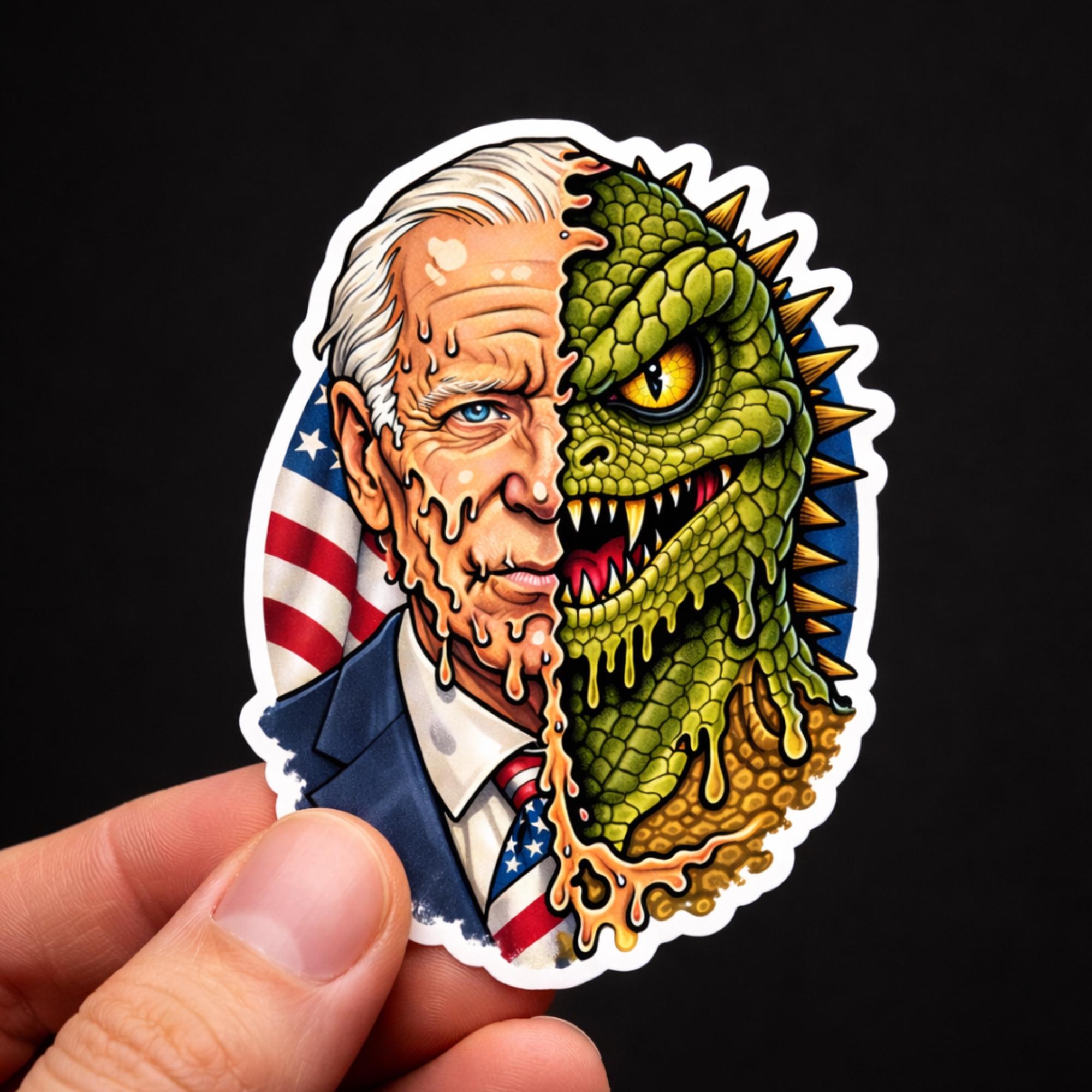 Political Sticker, Reptilian, Conspiracy Meme Decal, Lizard Person Parody, Political Humor Vinyl (2.5"x2.5")
