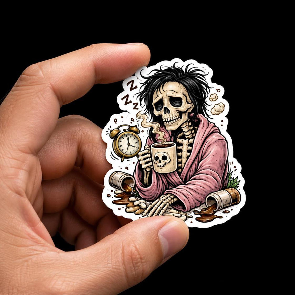 Coffee Sticker, Dead Tired Skeleton, Funny Exhausted Meme Decal, Sleepy Grim Reaper Coffee Sticker, Relatable Humor for Laptop Water Bottle