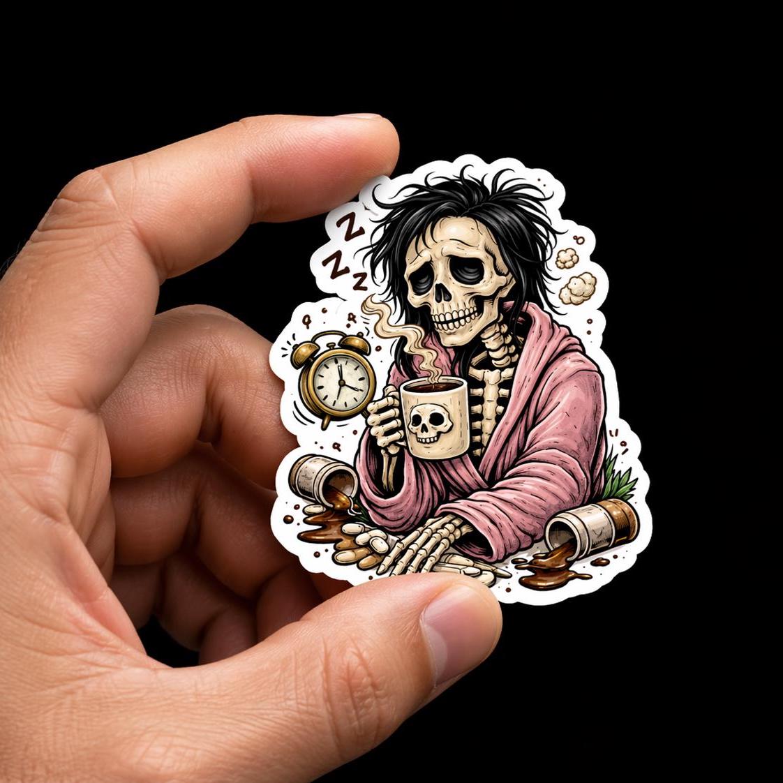 Coffee Sticker, Dead Tired Skeleton, Funny Exhausted Meme Decal, Sleepy Grim Reaper Coffee Sticker, Relatable Humor for Laptop Water Bottle