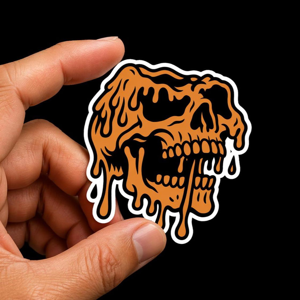 Skull Sticker, Orange Melting, Dripping Gothic Decal, Halloween Horror Vinyl Art