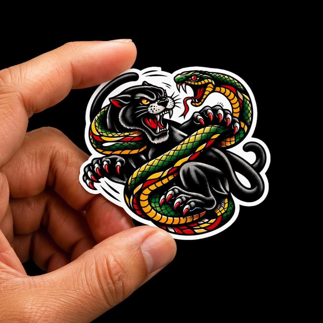 Panther vs Snake Traditional Tattoo Sticker, Old School Animal Fight Decal