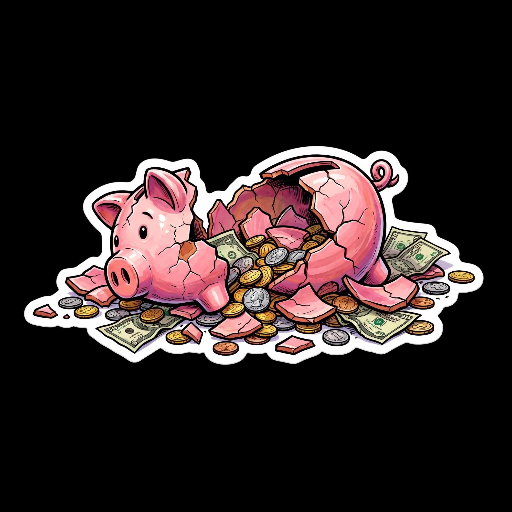 Broken Piggy Bank Sticker, Funny Money Decal, Budget Humor Vinyl Die Cut