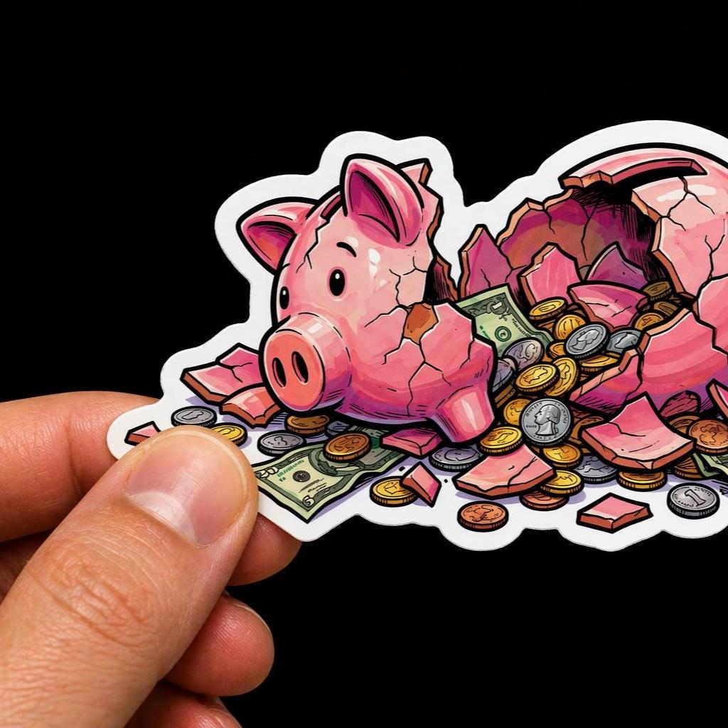 Broken Piggy Bank Sticker, Funny Money Decal, Budget Humor Vinyl Die Cut