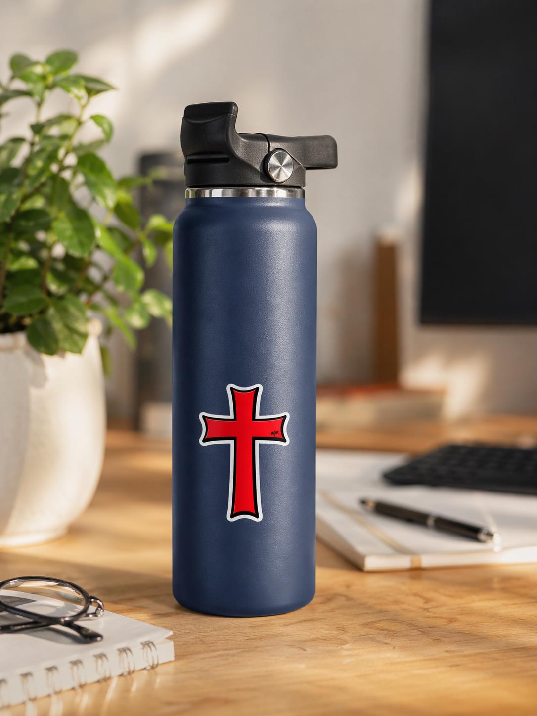 Red Crusader Cross Sticker, Waterproof Vinyl Faith Decal (Laptop, Car)