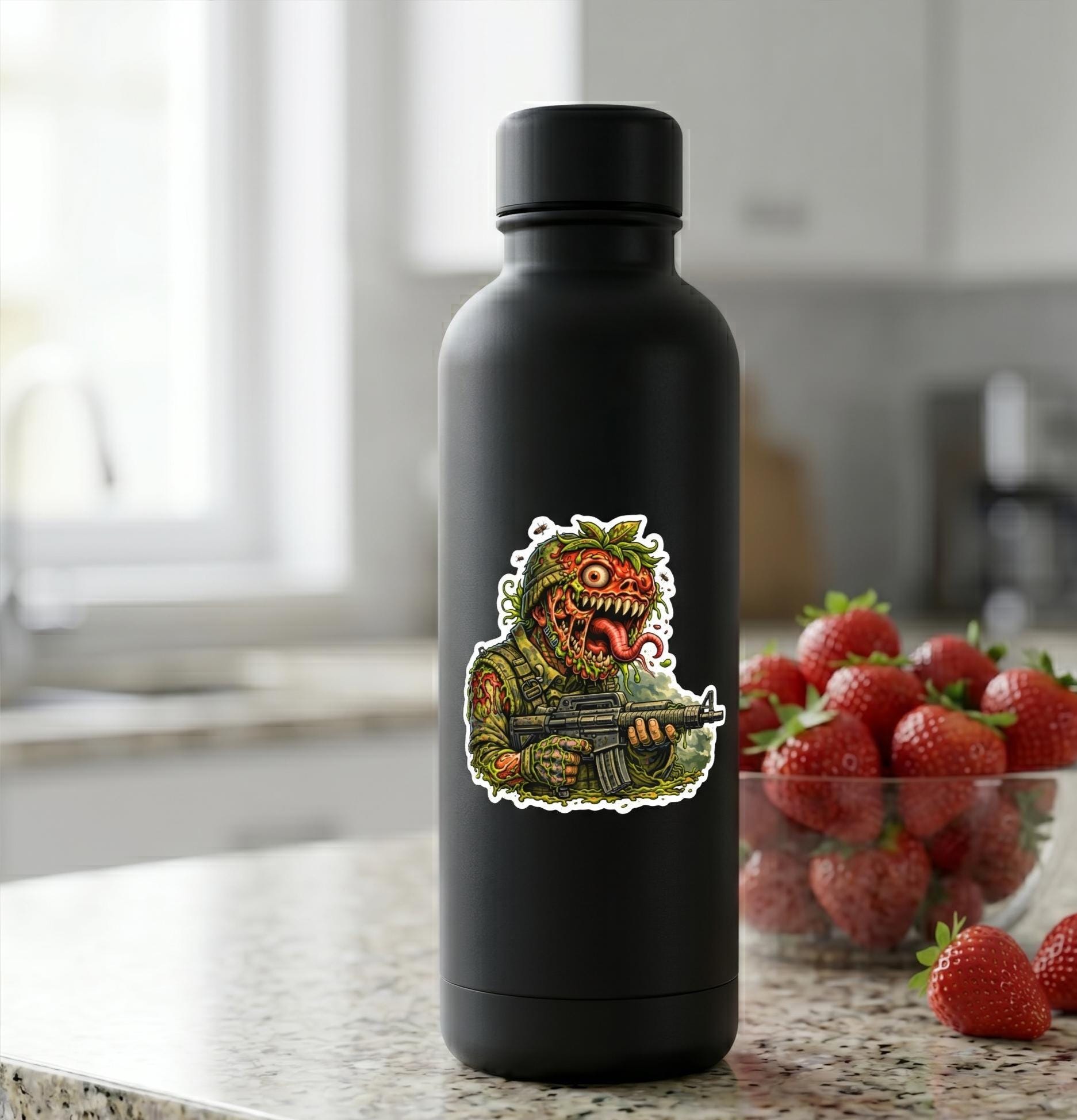 Horror Sticker, Mutant Strawberry Soldier, Tactical Horror Food Parody Decal