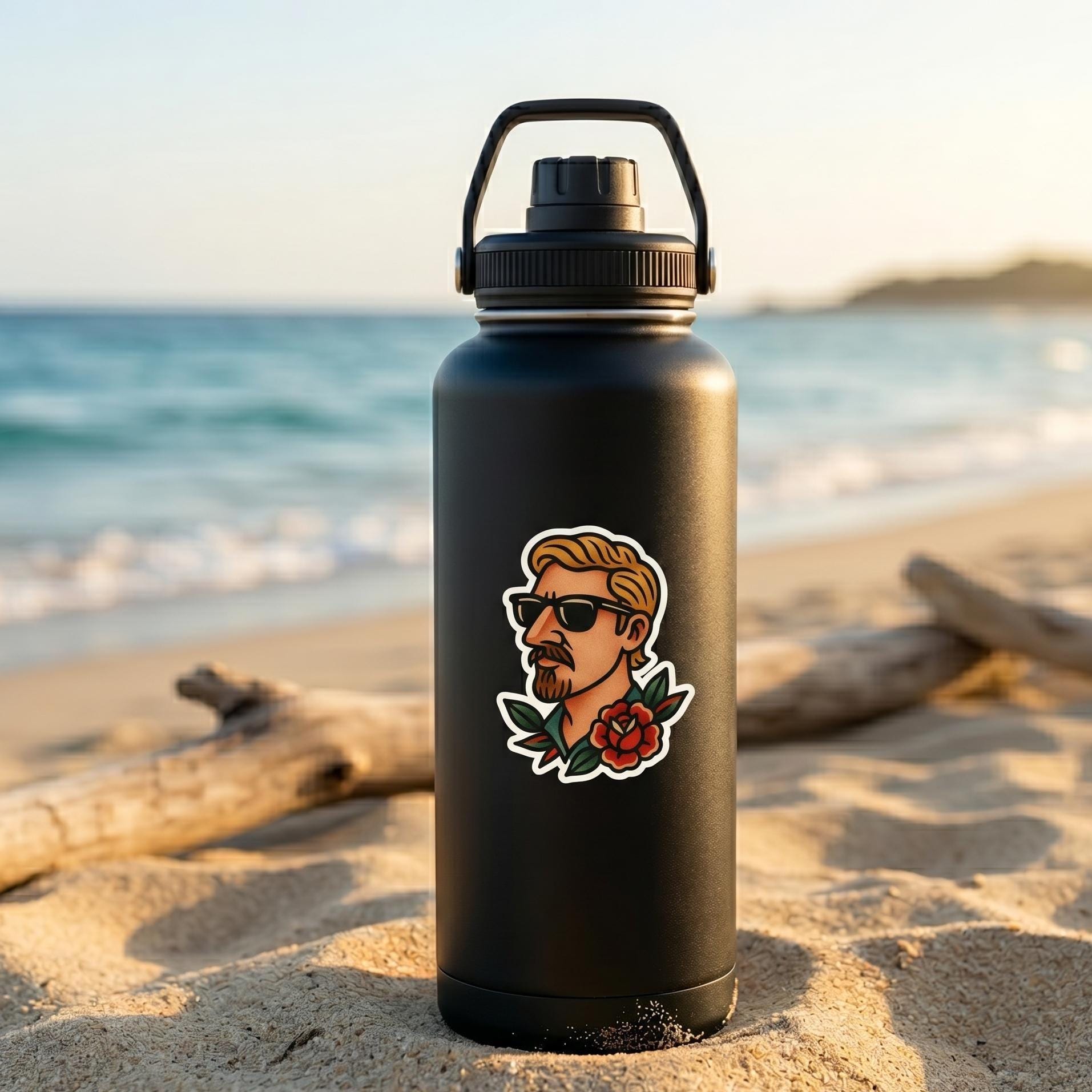 Traditional Tattoo Surfer Sticker, Blonde Hair Hawaiian Shirt Decal (2.5"x2.5")