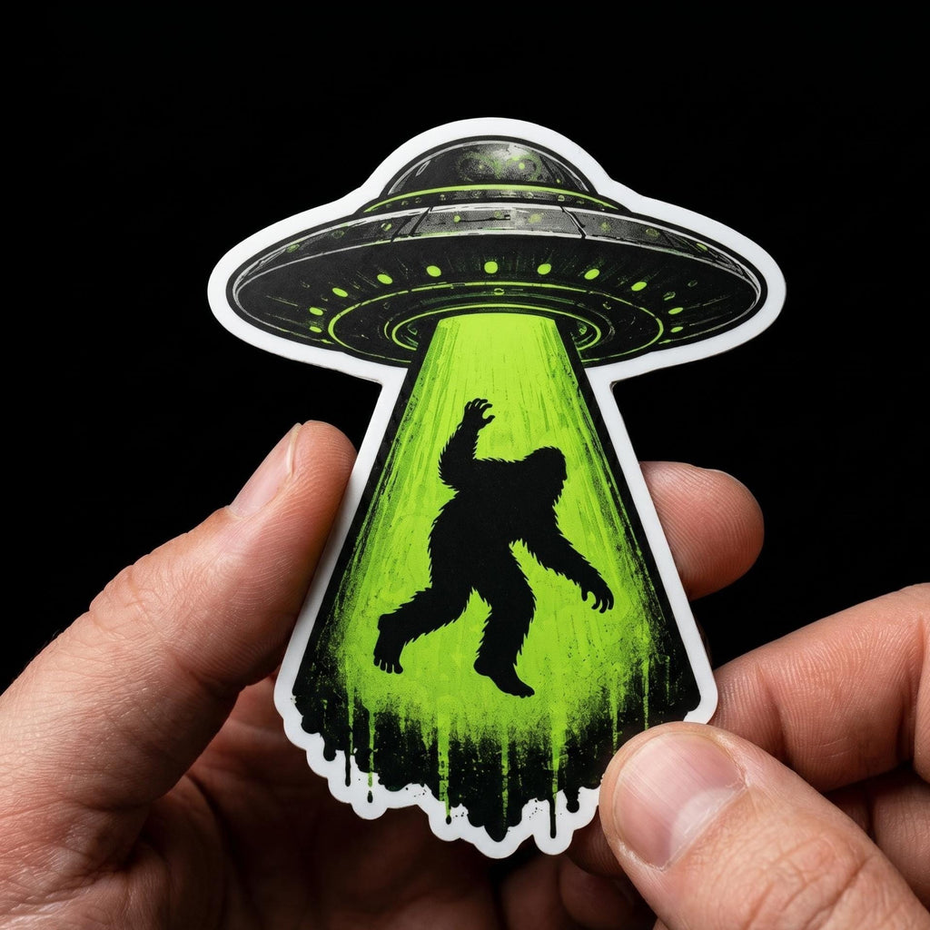 Bigfoot UFO Abduction Sticker – Cryptid Sasquatch Vinyl Decal (Waterproof)