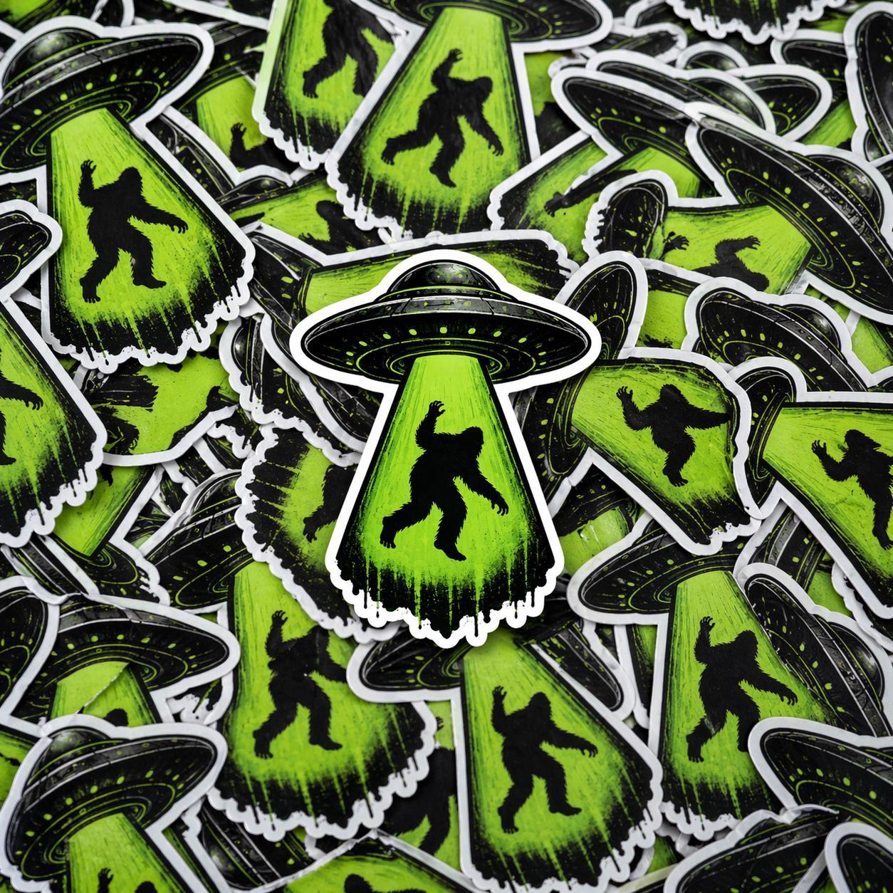 Bigfoot UFO Abduction Sticker – Cryptid Sasquatch Vinyl Decal (Waterproof)