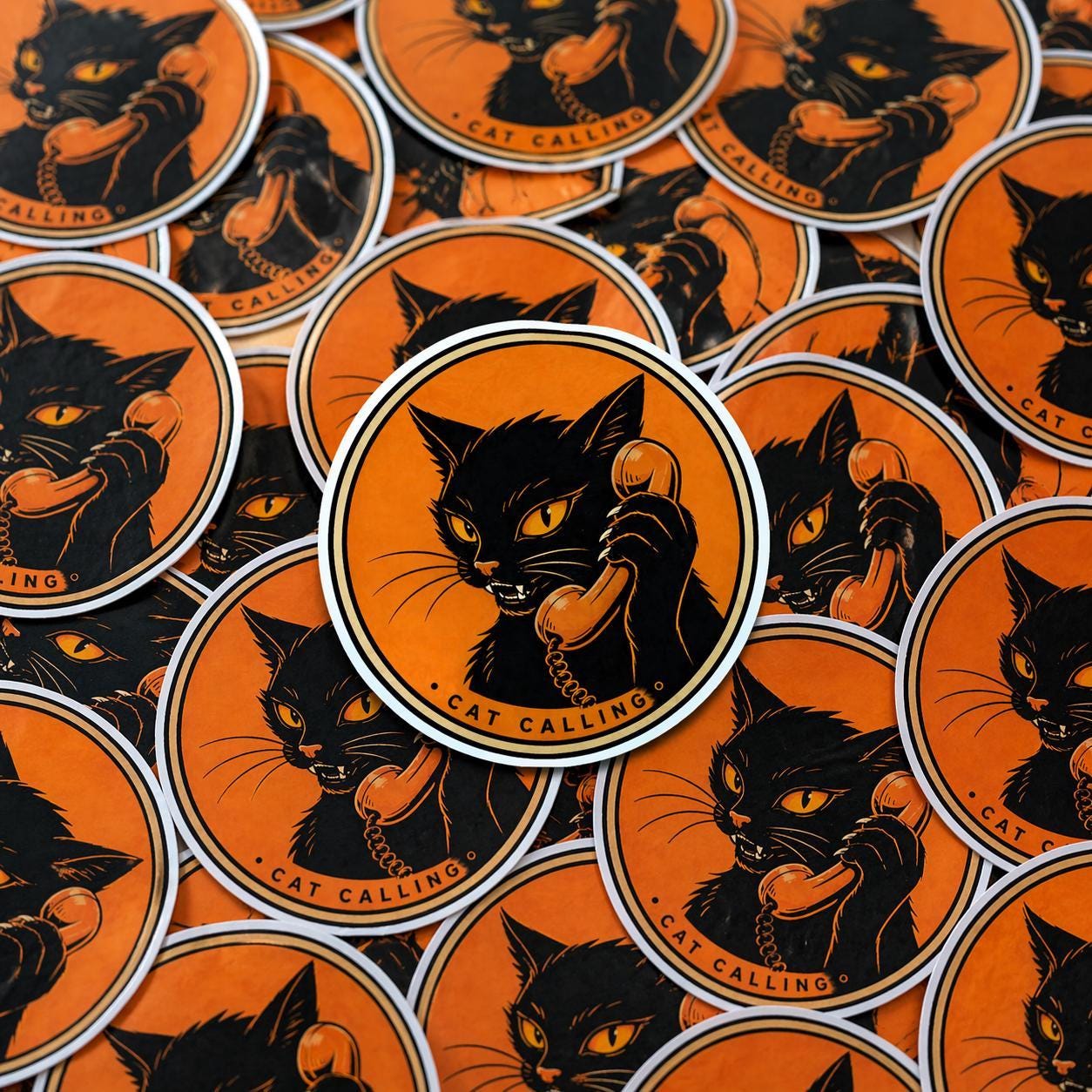 Retro Black Cat Calling Sticker, Vintage Style Vinyl Decal (Waterproof)