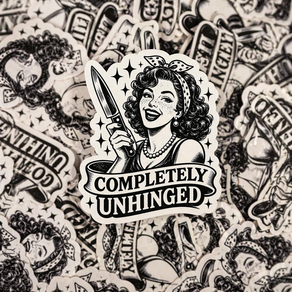 Completely Unhinged Retro Pin Up Knife Girl Sticker, Dark Humor Decal