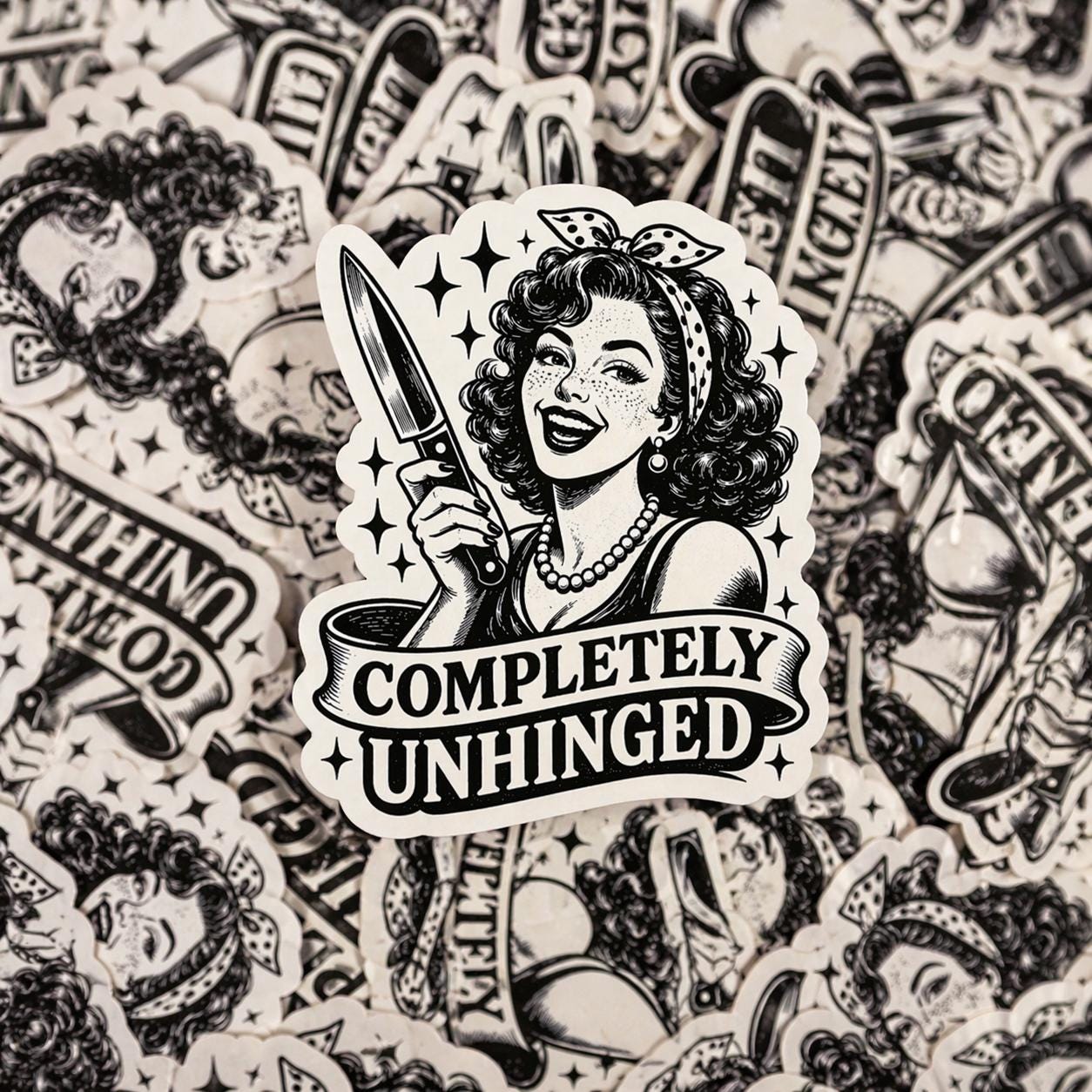 Completely Unhinged Retro Pin Up Knife Girl Sticker, Dark Humor Decal