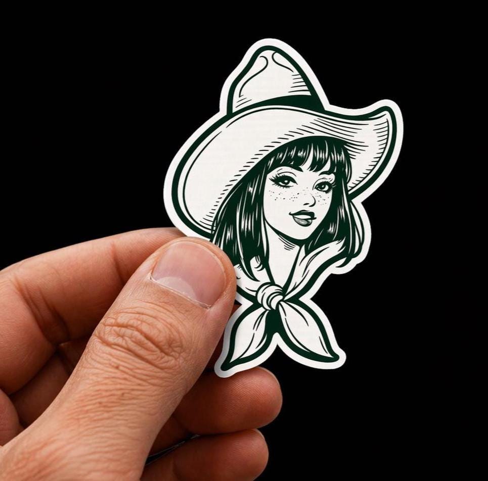 Vintage Cowgirl Vinyl Sticker, Retro Western Hat Decal, Waterproof Country Style