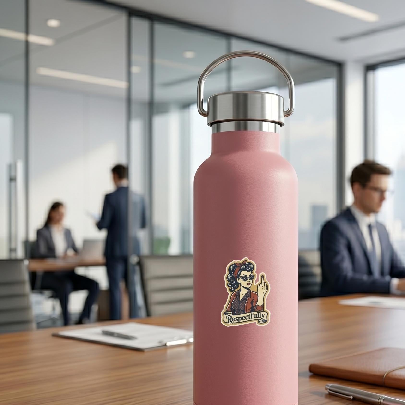 May include: A pink insulated water bottle with a silver lid and handle. A sticker on the bottle features a cartoon woman with sunglasses and a red jacket, giving the middle finger. The word "Respectfully" is below the image.