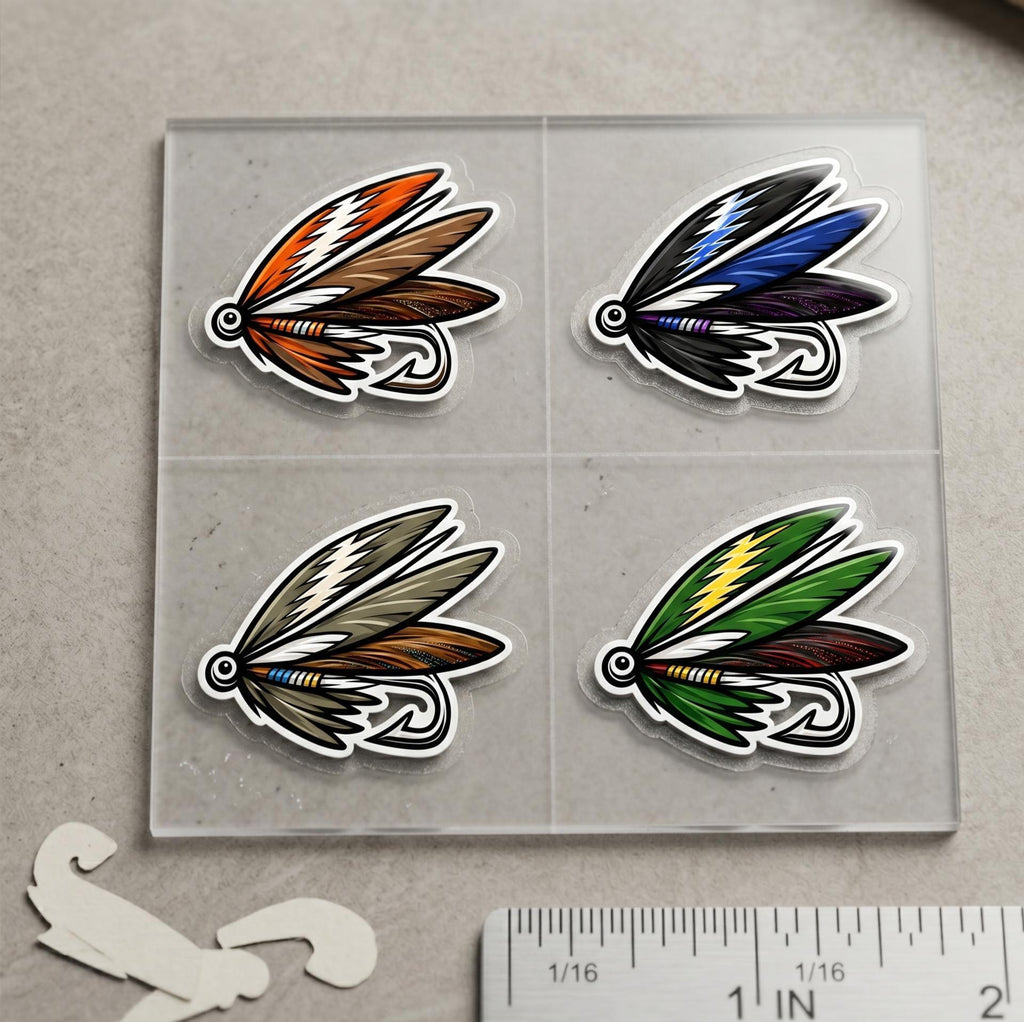 Fly Fishing Lure Stickers (4pc) – Trout Bait, Angler Decals, Tackle Box Vinyl