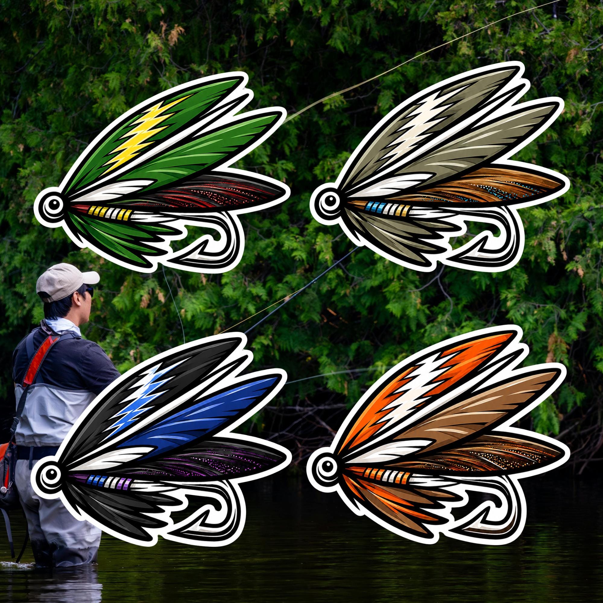 Fly Fishing Lure Stickers (4pc) – Trout Bait, Angler Decals, Tackle Box Vinyl