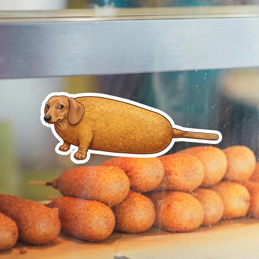 Corn Dog Dachshund, Absurd Wiener Dog Meme Vinyl Decal, Water Bottle Laptop Sticker