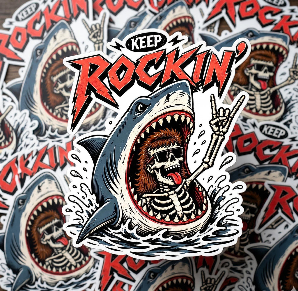 Skeleton Shark Rock and Roll Sticker, Waterproof Vinyl Decal