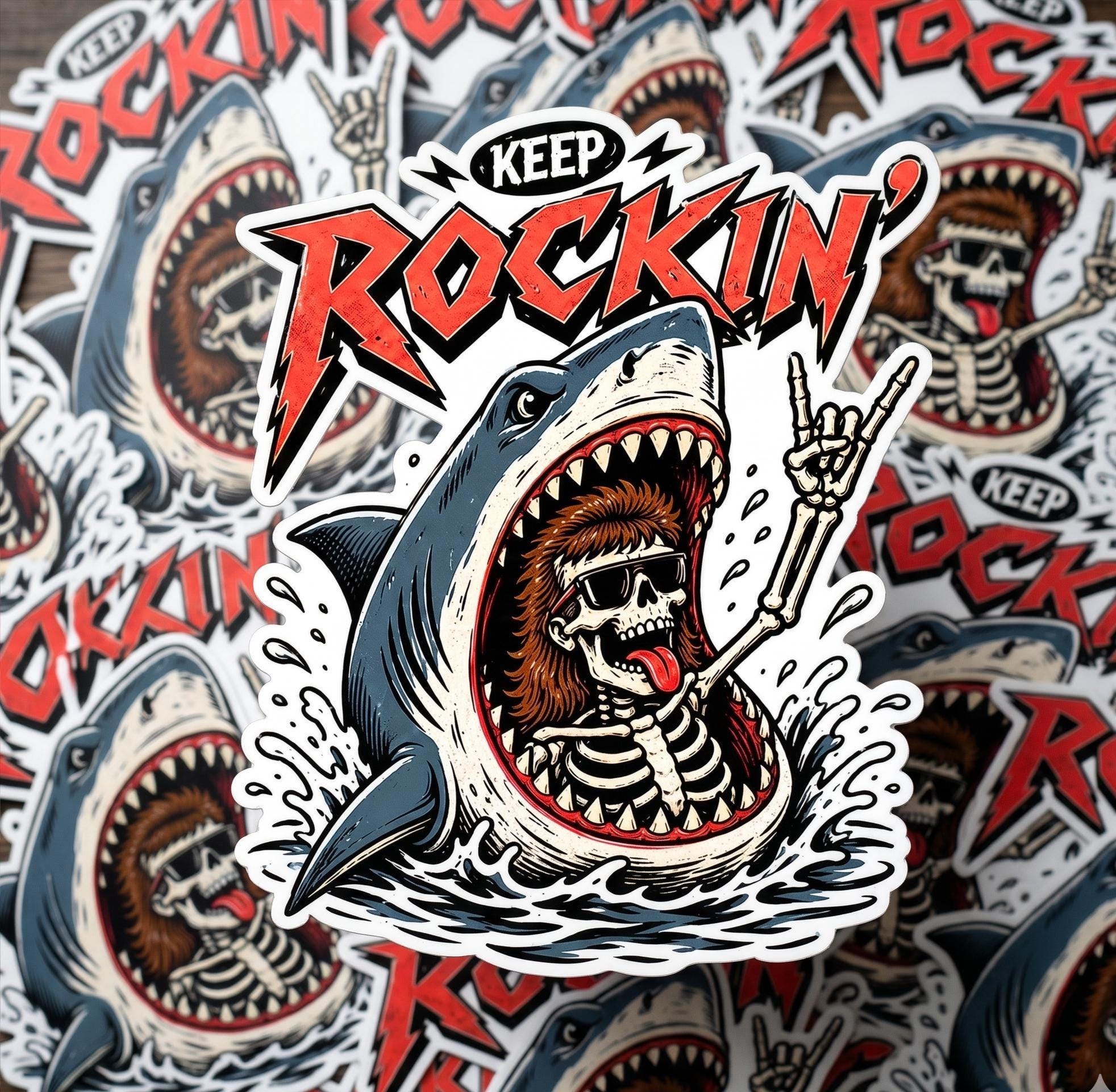 Skeleton Shark Rock and Roll Sticker, Waterproof Vinyl Decal