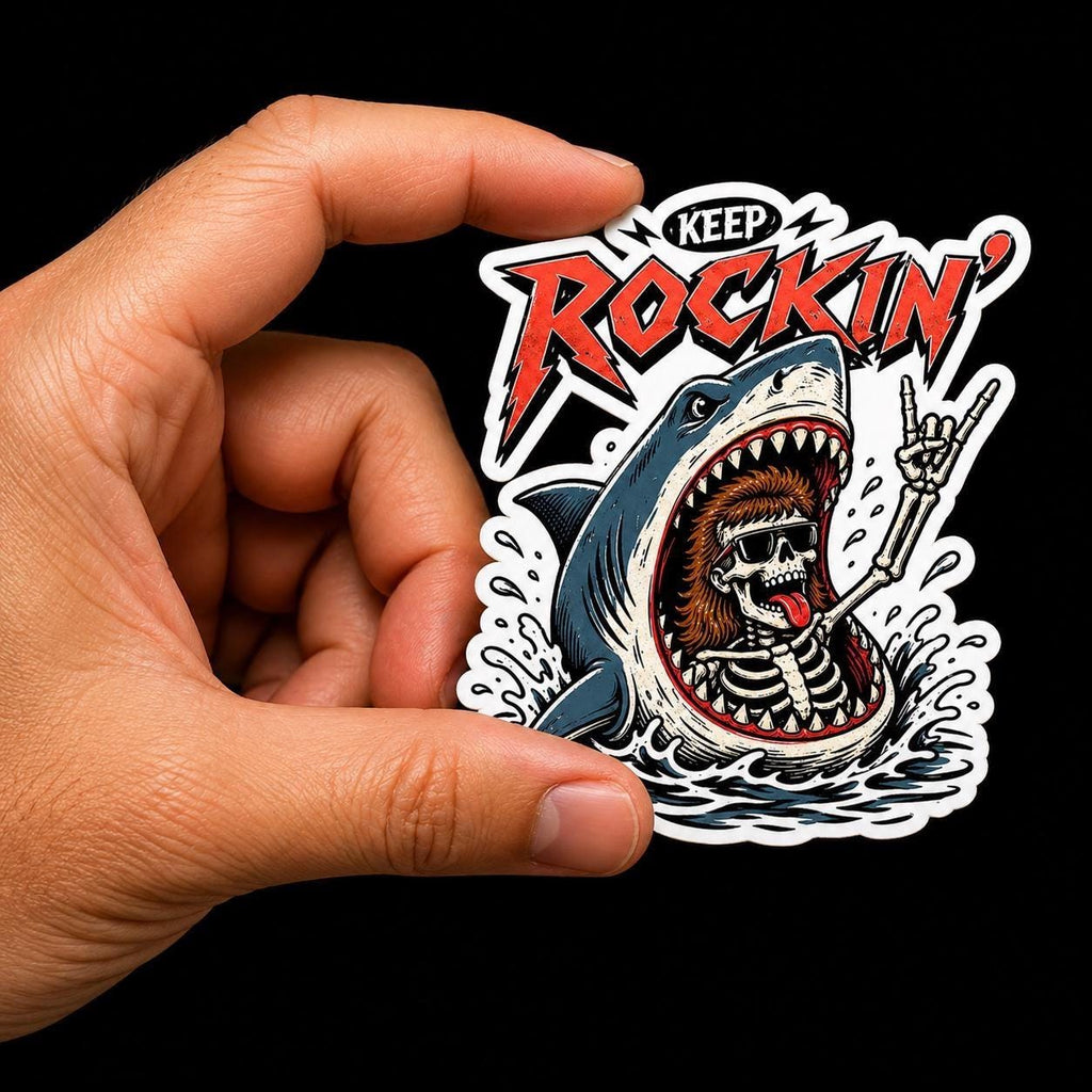 Skeleton Shark Rock and Roll Sticker, Waterproof Vinyl Decal