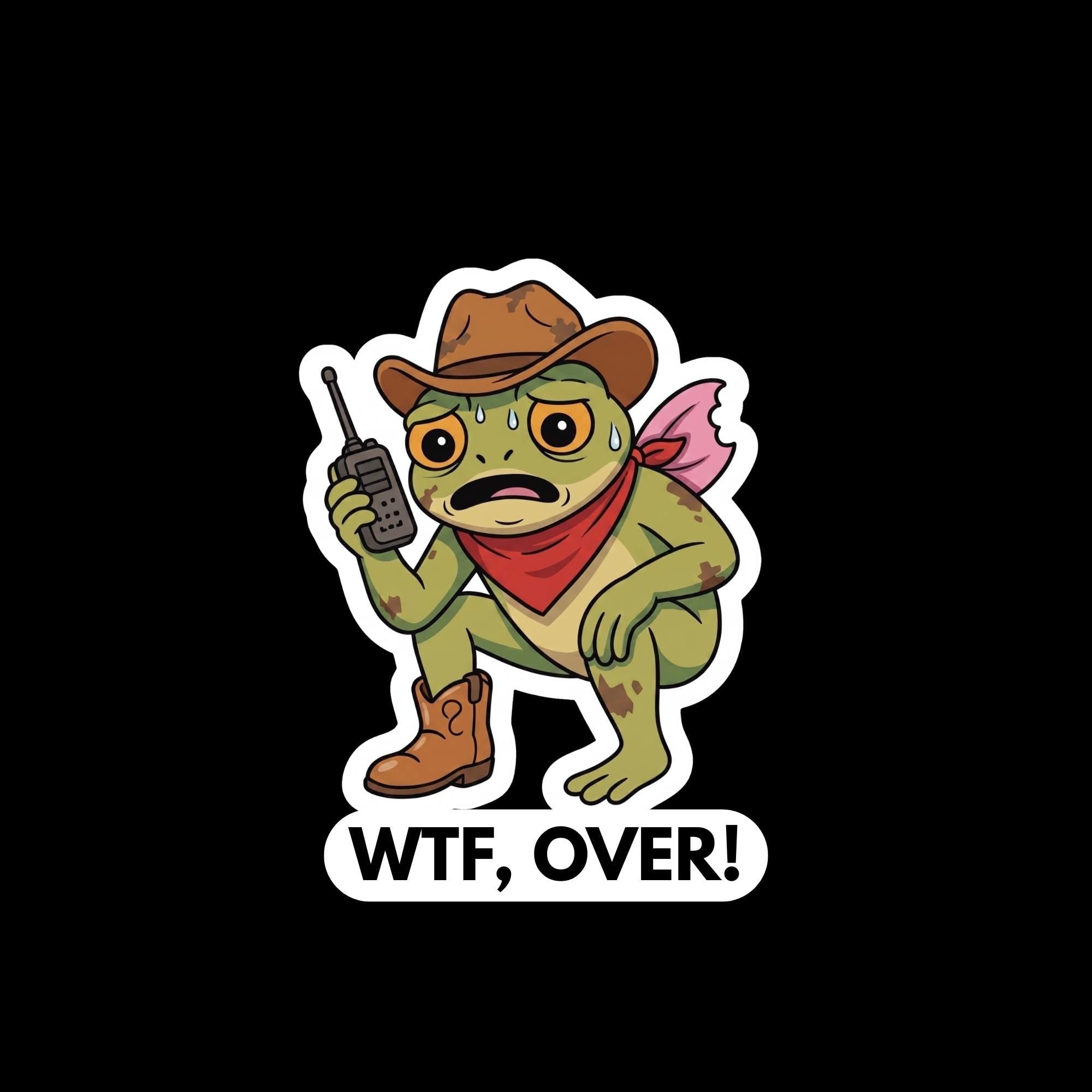 Frog Cowboy Sticker, WTF Over Meme Decal, Western Cartoon Waterproof Vinyl